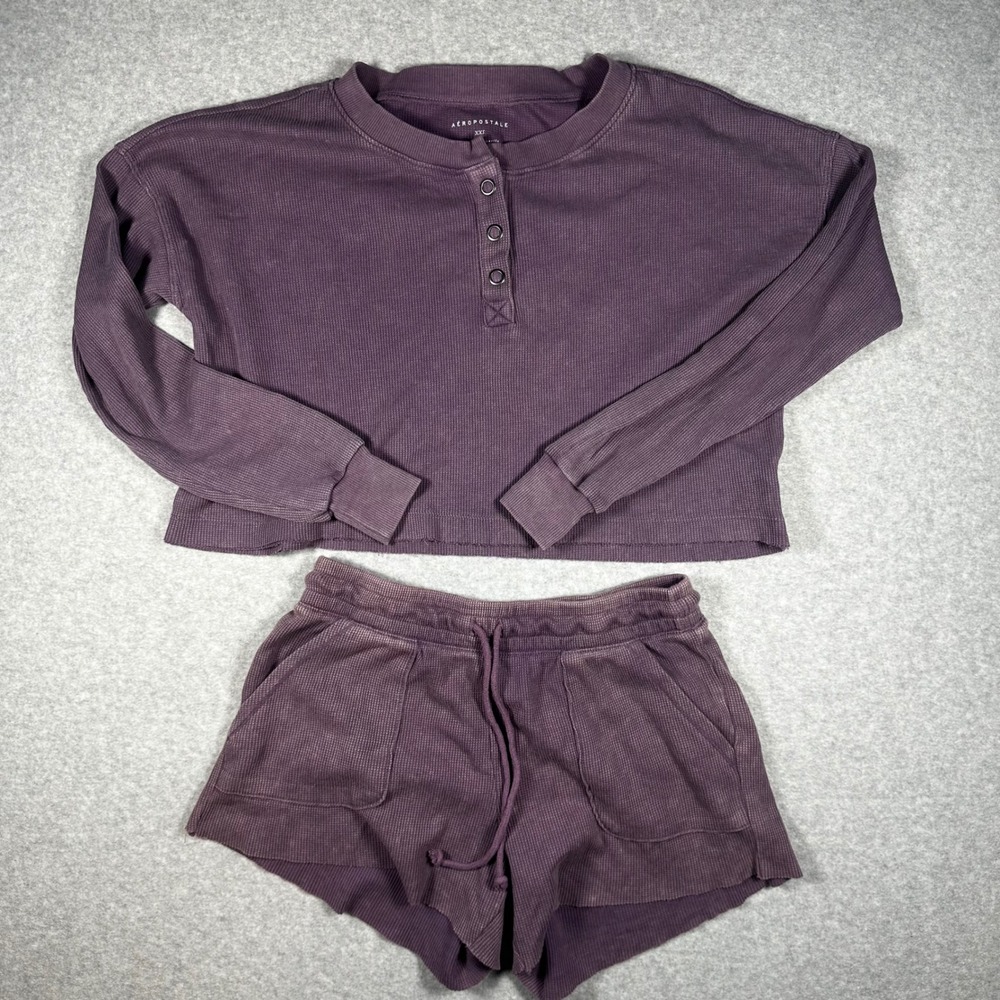 Aeropostale Purple Waffle Knit Lounge Set Henley Crop Top XXS & Shorts S 2pc